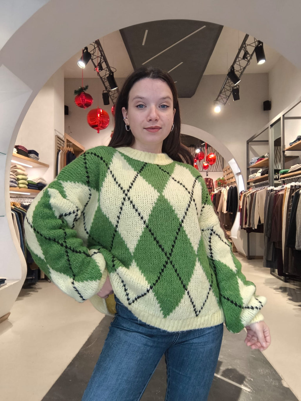 Maglione in Lana a Rombi Verde Acido e Crema  image 0