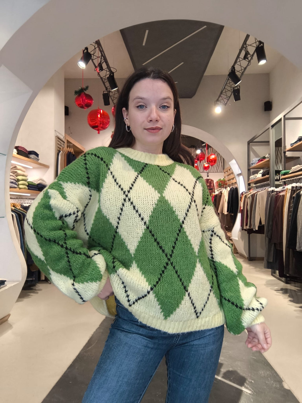 Maglione in Lana a Rombi Verde Acido e Crema  image 0
