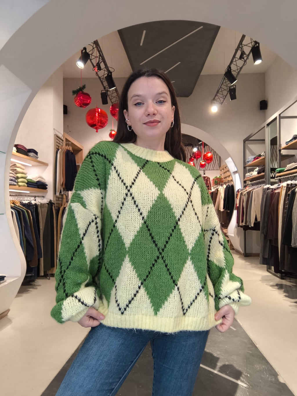 Maglione in Lana a Rombi Verde Acido e Crema  image 1