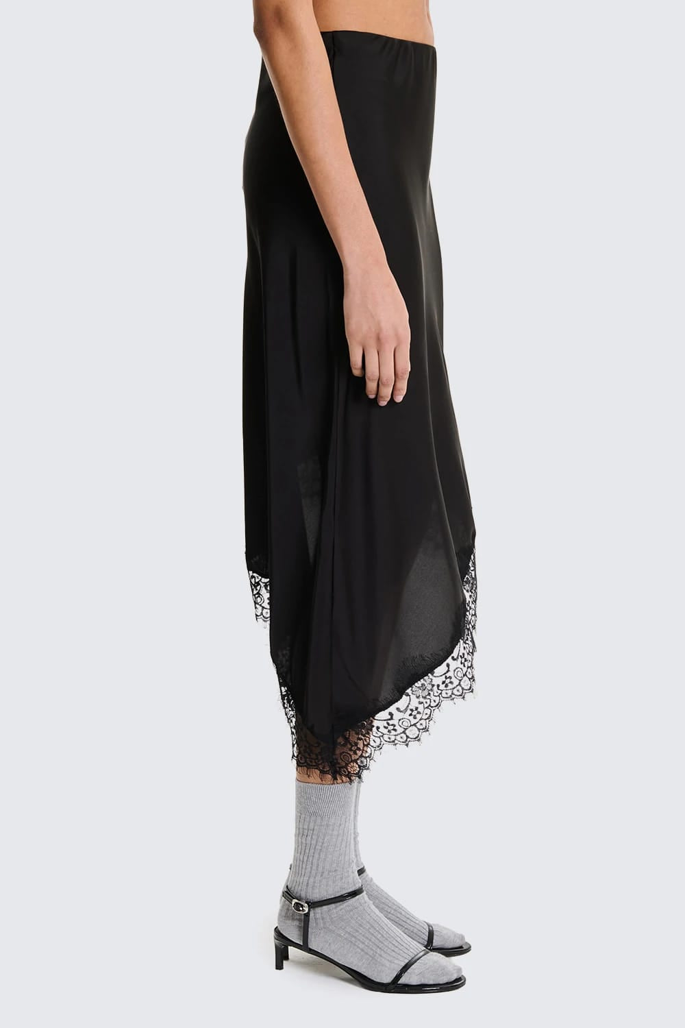 Gonna Midi Asimmetrica in Satin con Orlo in Pizzo - Nero image 2