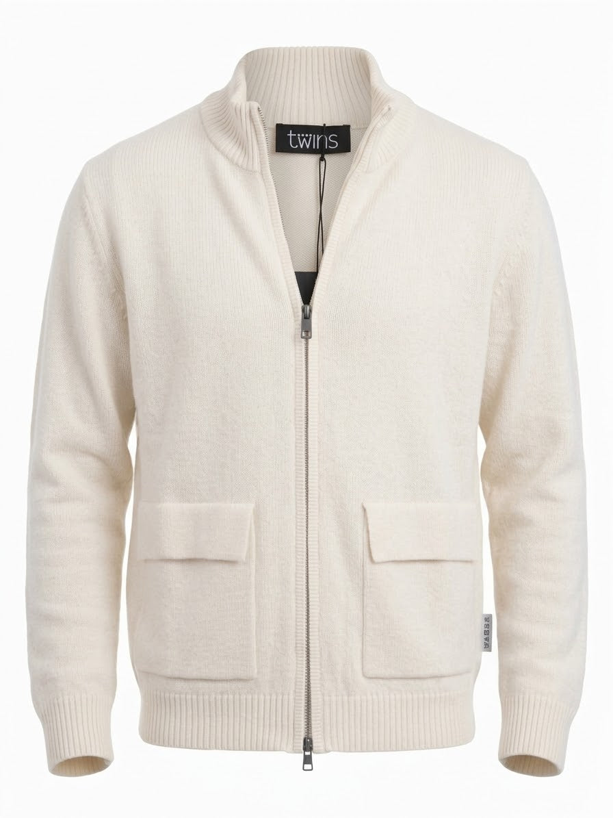 Cardigan Full Zip da Uomo in Ciniglia con Tasche   Panna