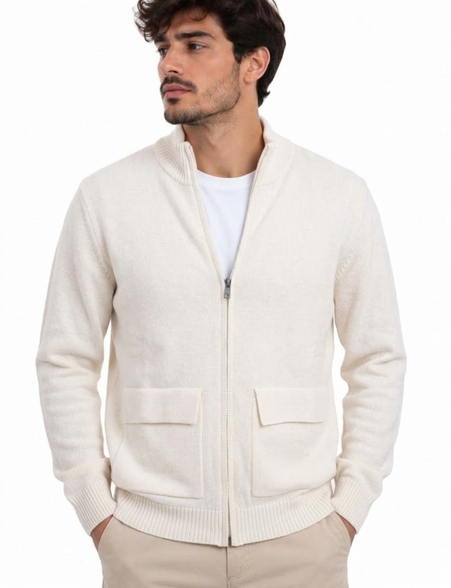 Cardigan Full Zip da Uomo in Ciniglia con Tasche   Panna