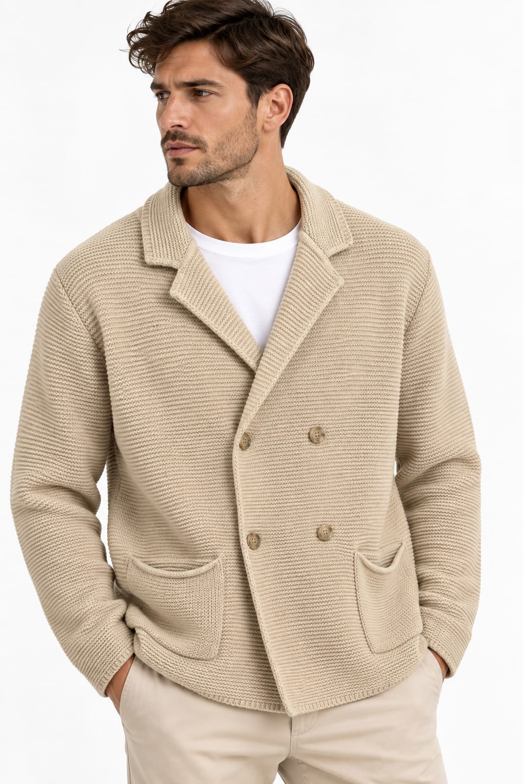 Cardigan Uomo Elegante in Maglia Riso Made in Italy Beige