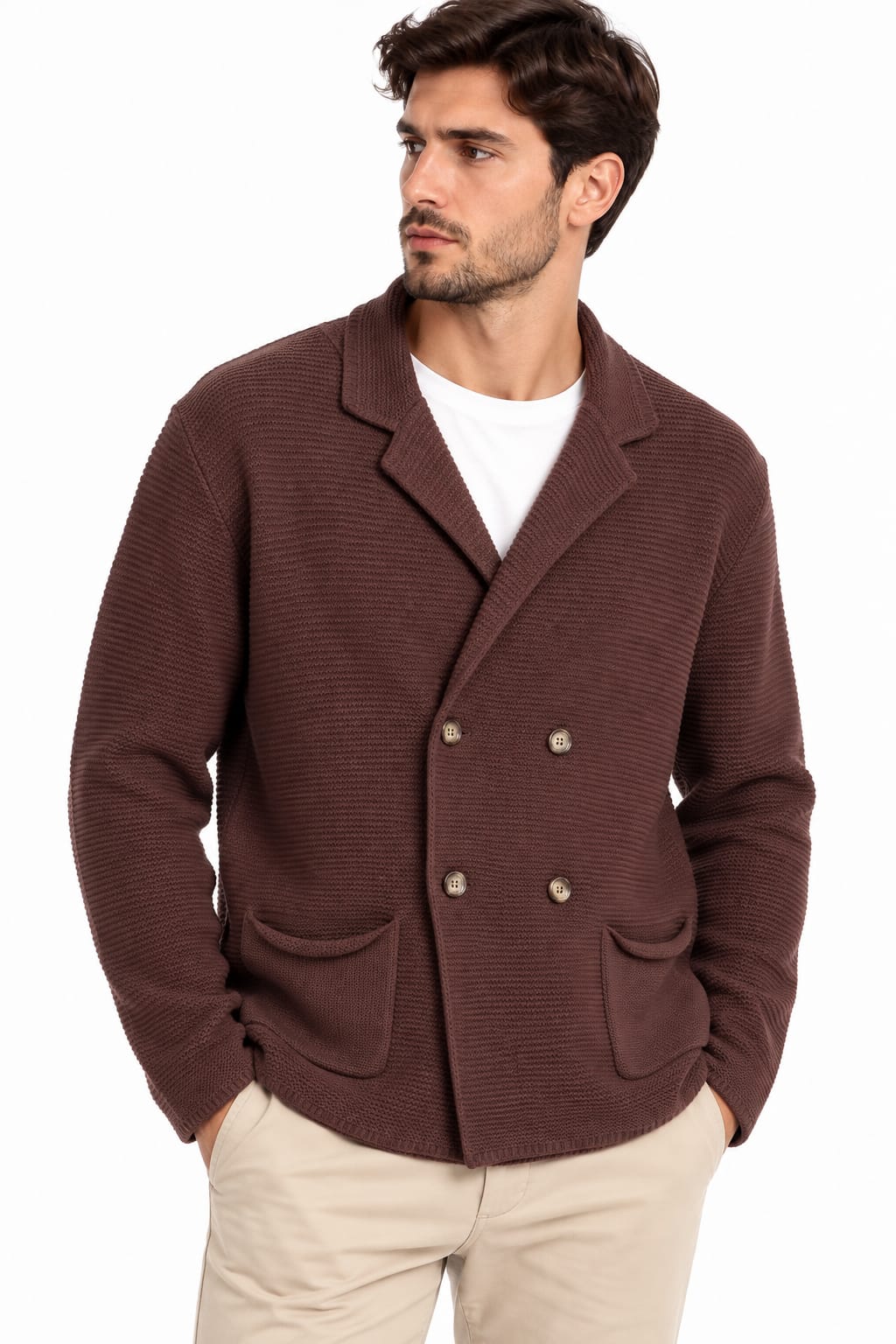 Cardigan Uomo Elegante in Maglia Riso Made in Italy Marrone