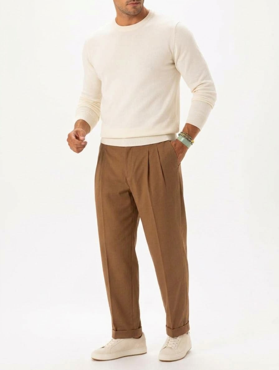 Pantalone Uomo con Pinces in Fustagno di Cotone Cammello