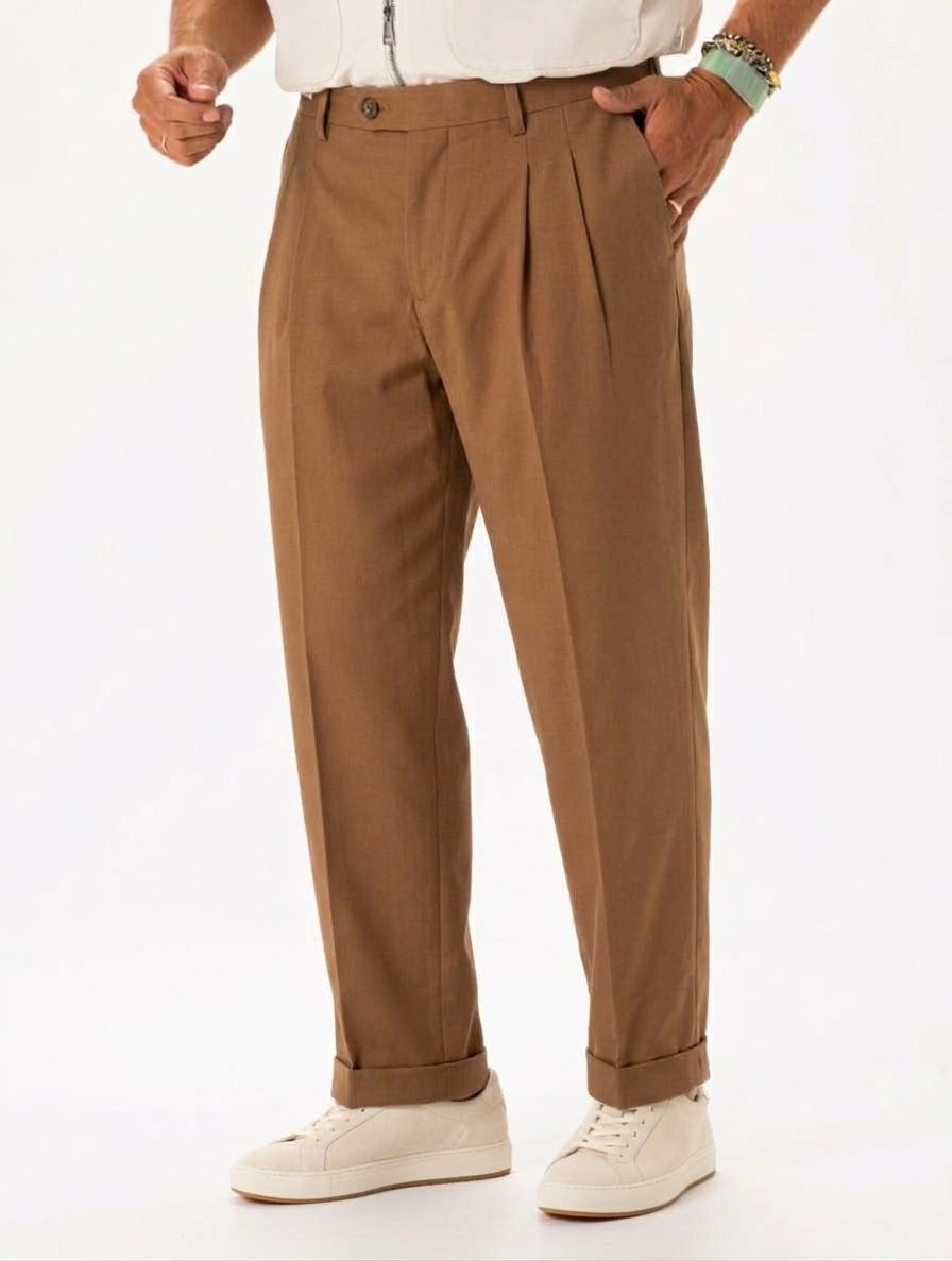 Pantalone Uomo con Pinces in Fustagno di Cotone Cammello