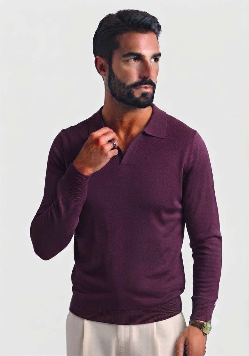 Polo in Maglia Senza Bottoni Bordeaux
