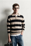 Polo in Maglia a Righe Nero e Beige