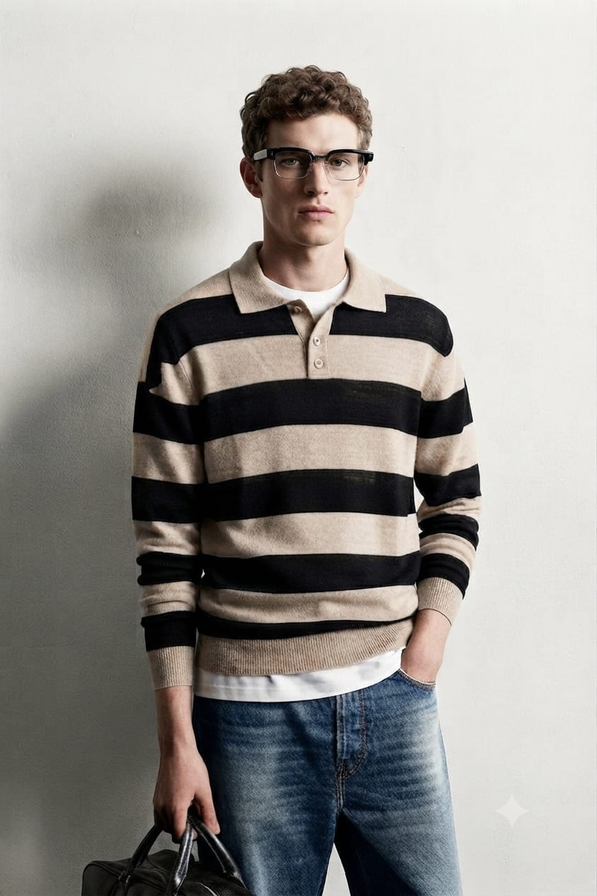 Polo in Maglia a Righe Nero e Beige
