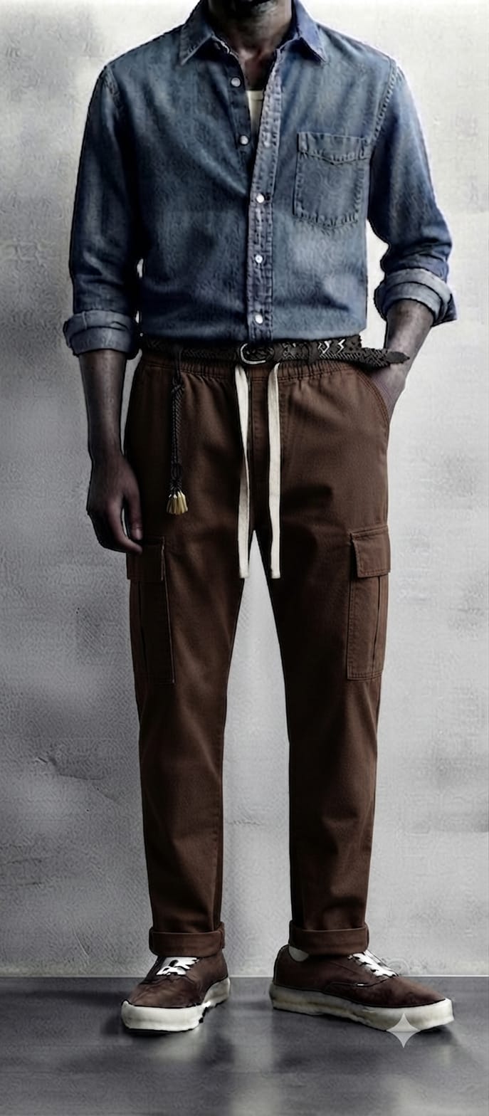 Pantalone Cargo in Cotone con Coulisse Marrone