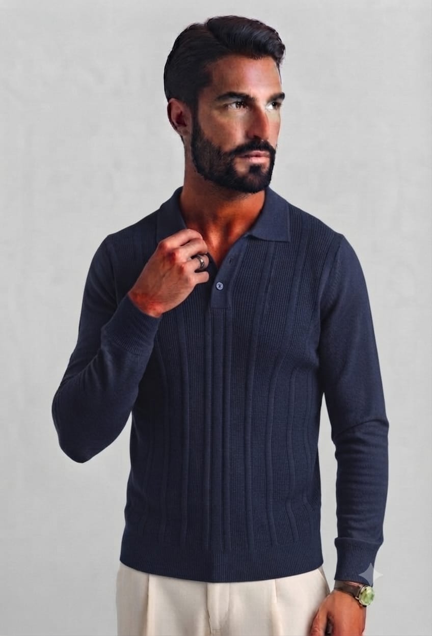 Polo in Maglia a Coste Blu