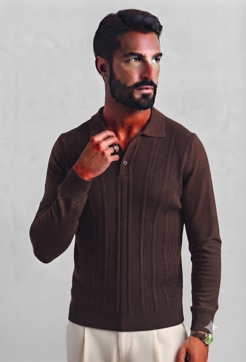 Polo in Maglia a Coste Marrone