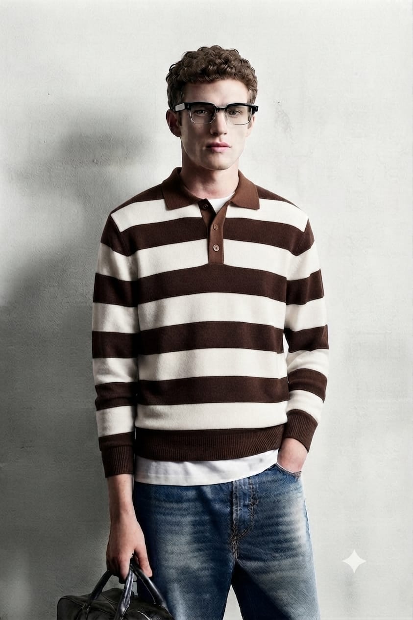 Polo in Maglia a Righe Marrone e Bianco