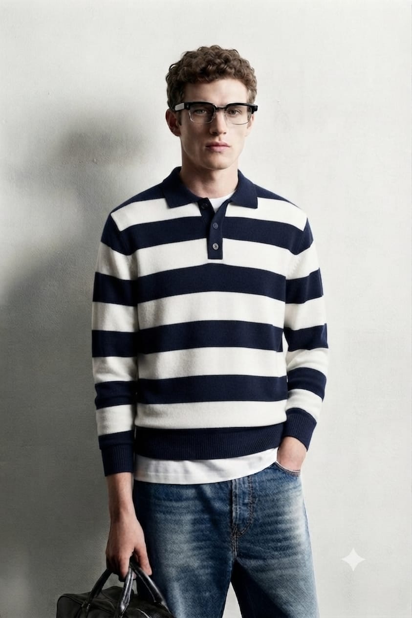 Polo in Maglia a Righe Blu e Bianco