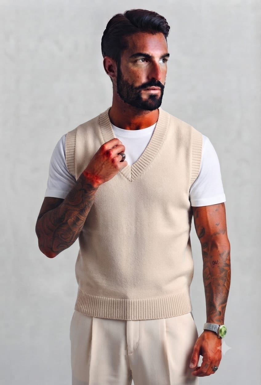 Gilet in Maglia Uomo Scollo a V Panna