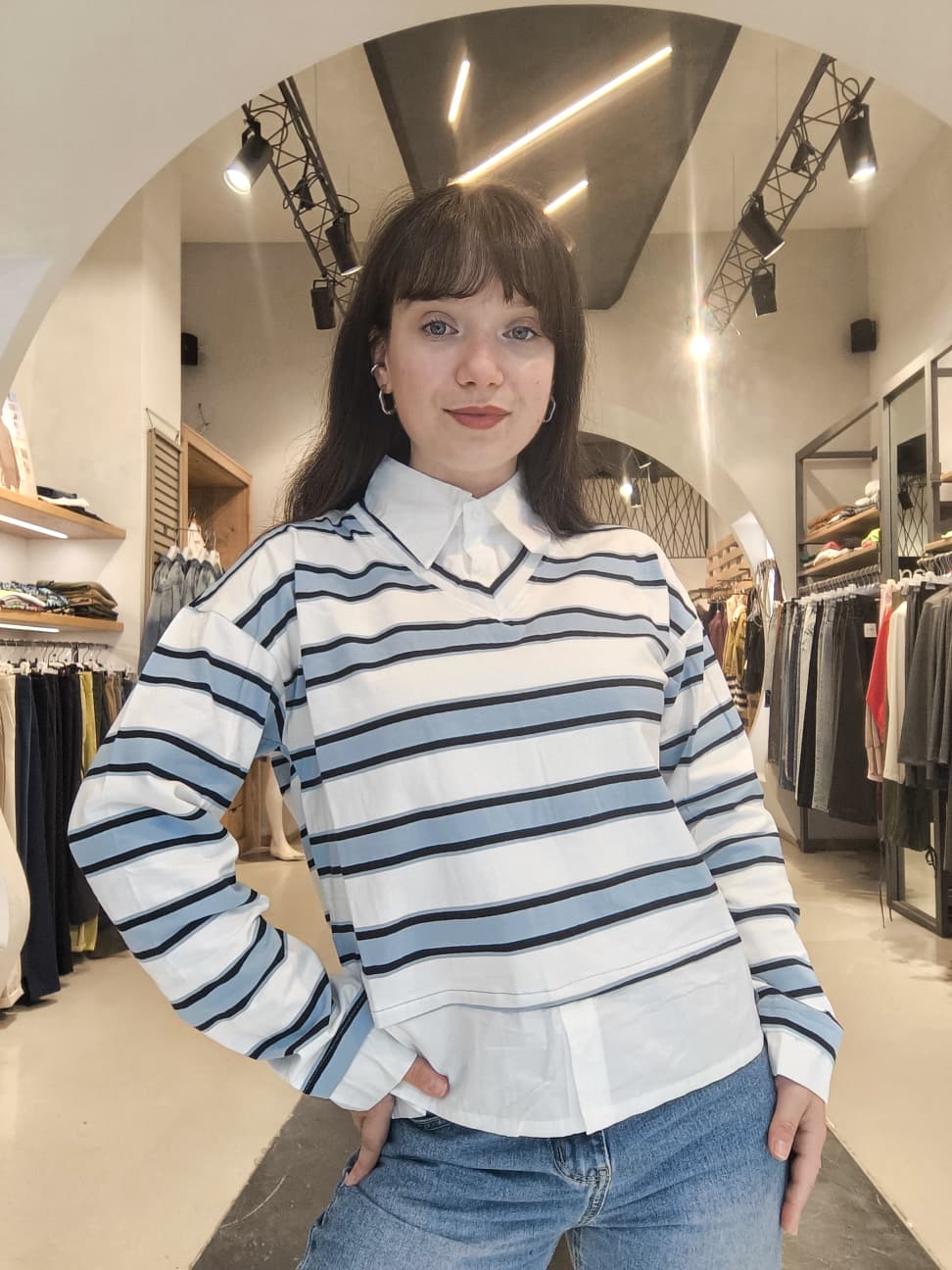 Maglia Righe Effetto Camicia Blu/Azzurro/Bianco