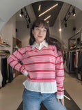 Maglia Righe Effetto Camicia Rosa/Fucsia/Bianco