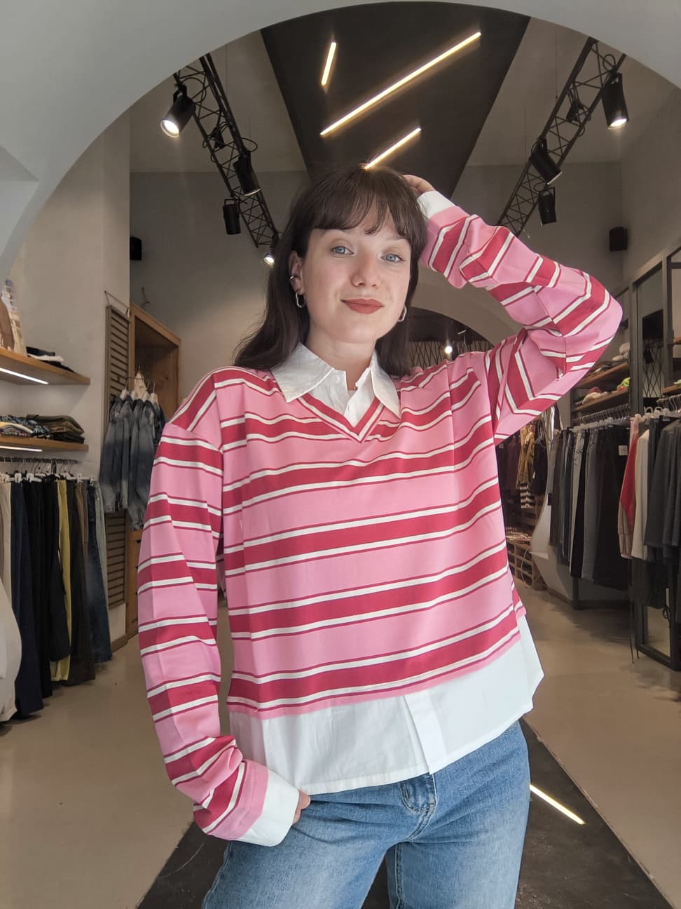 Maglia Righe Effetto Camicia Rosa/Fucsia/Bianco