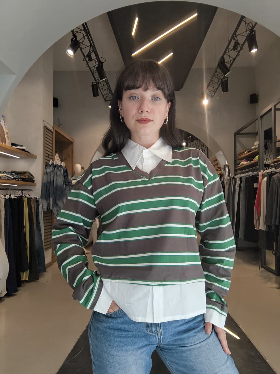Maglia Righe Effetto Camicia Verde/Marrone Scuro/Bianco
