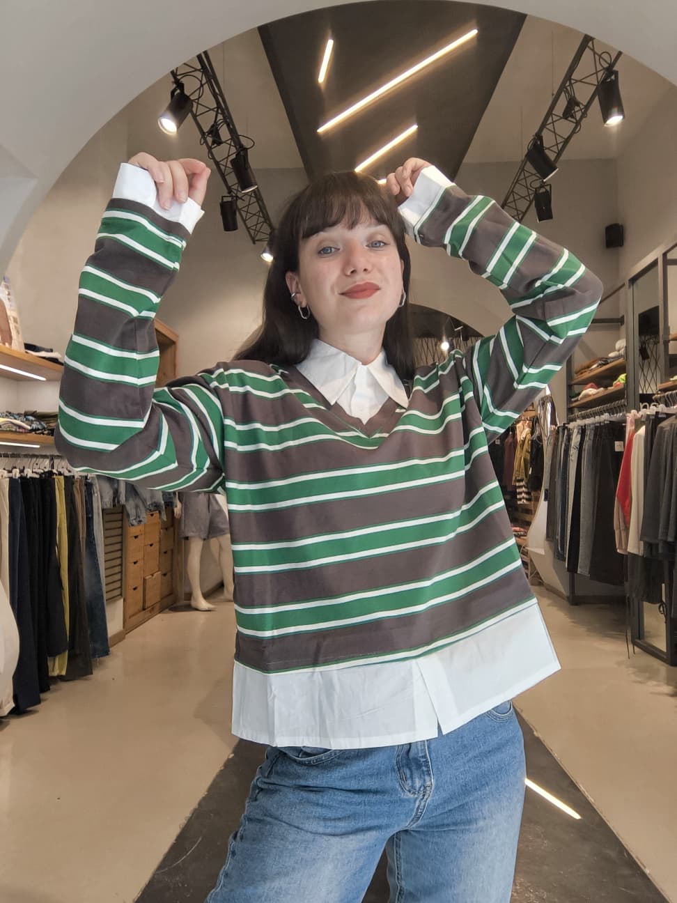 Maglia Righe Effetto Camicia Verde/Marrone Scuro/Bianco