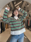 Maglia Righe Effetto Camicia Verde/Marrone Scuro/Bianco