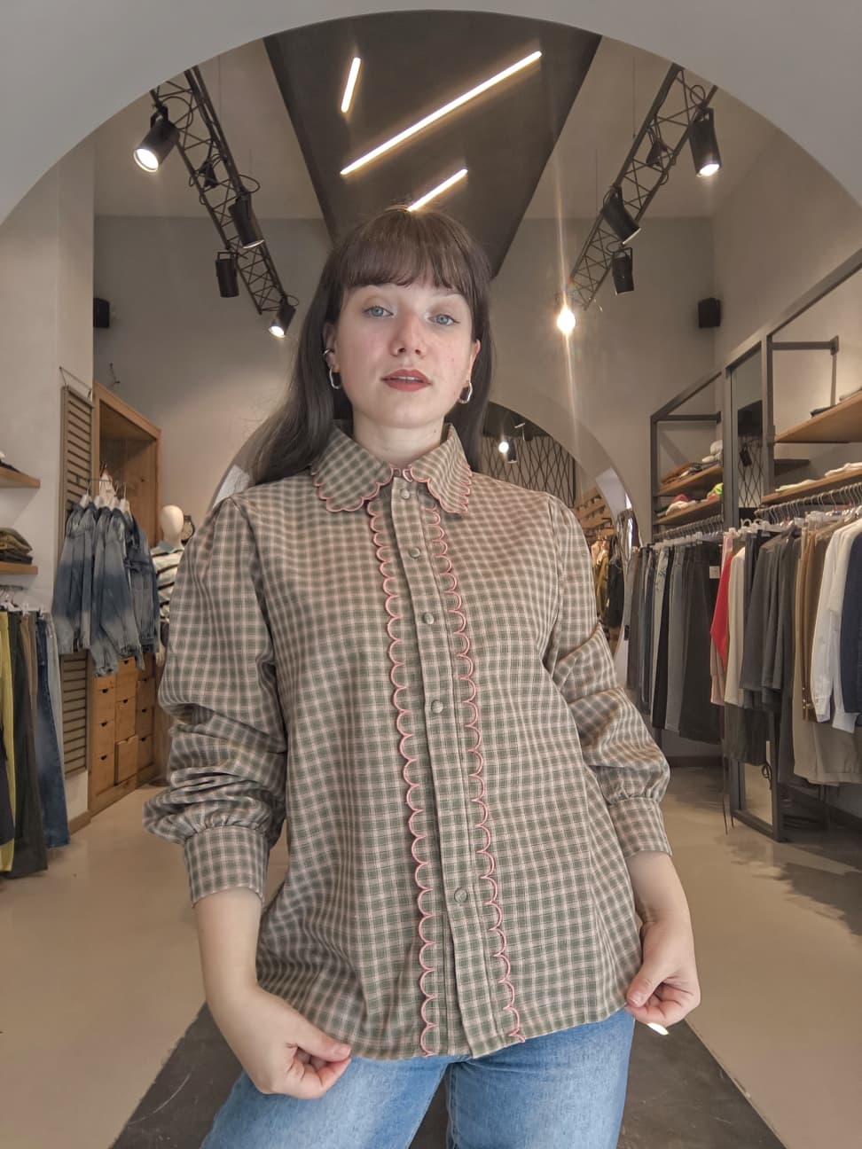 Camicia a Quadri con Profilo Ondulato Rosa in  Cotone