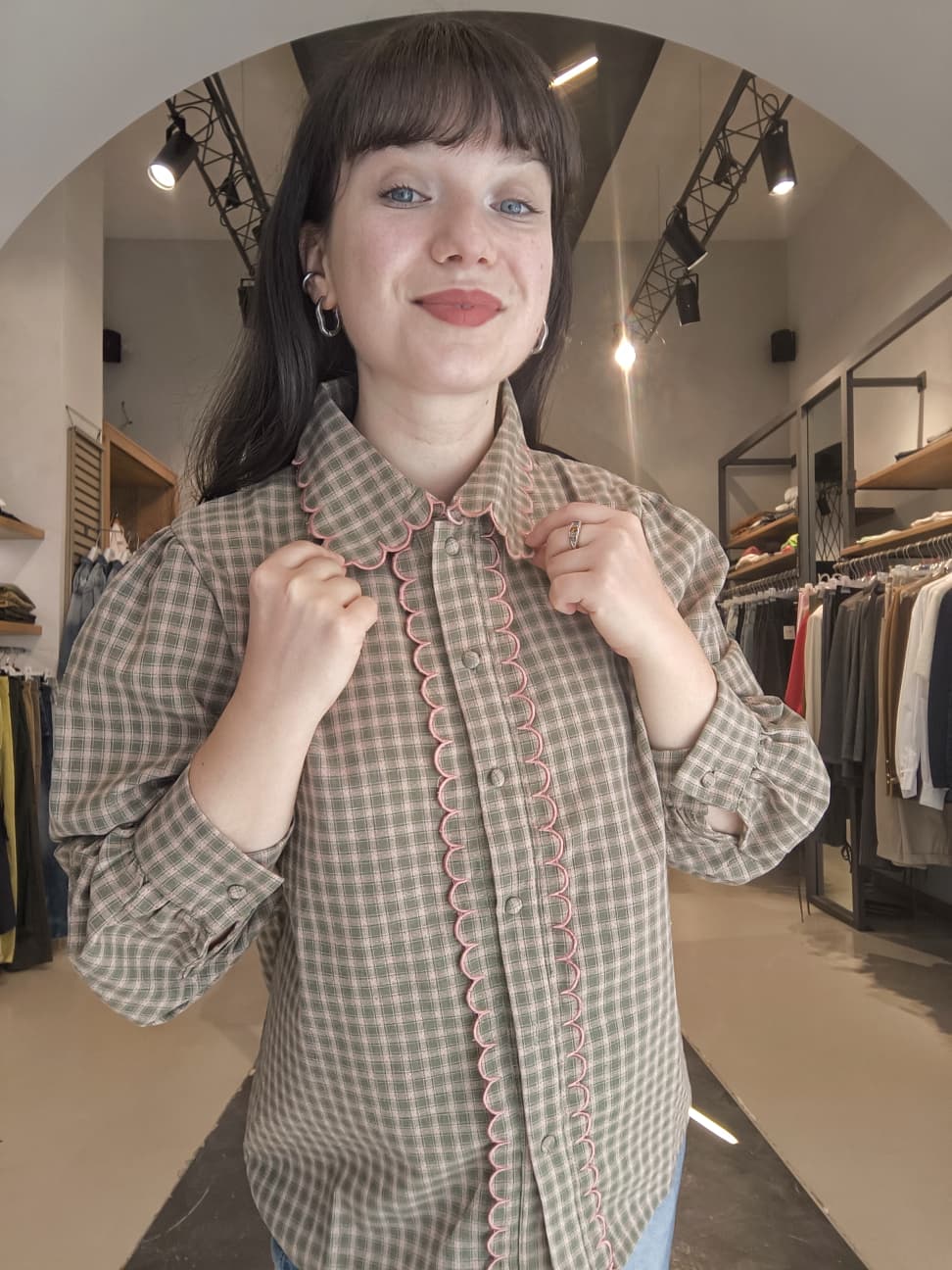 Camicia a Quadri con Profilo Ondulato Rosa in  Cotone