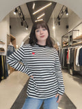 T-Shirt Manica Lunga a Righe con Cuore Bianco e Nero