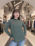 T-Shirt Manica Lunga a Righe con Cuore Verde e Blu