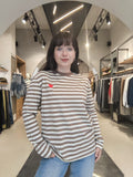 T-Shirt Manica Lunga a Righe con Cuore Beige e Marrone