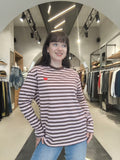 T-Shirt Manica Lunga a Righe con Cuore Rosa e Marrone