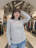 T-Shirt Manica Lunga a Righe con Cuore Grigio e Bianco