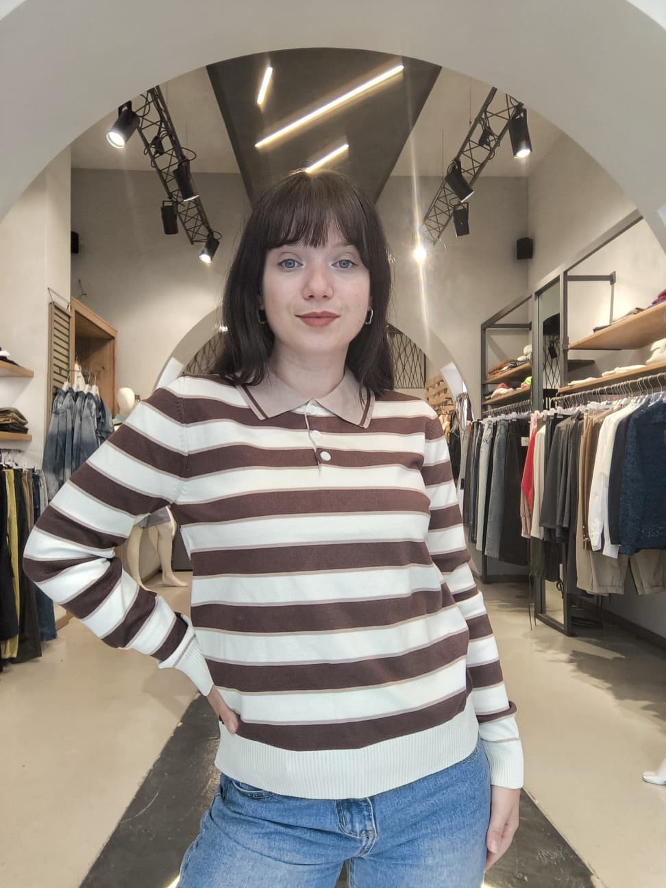 Polo in Maglia a Righe Beige / Marrone / Panna Colletto beige