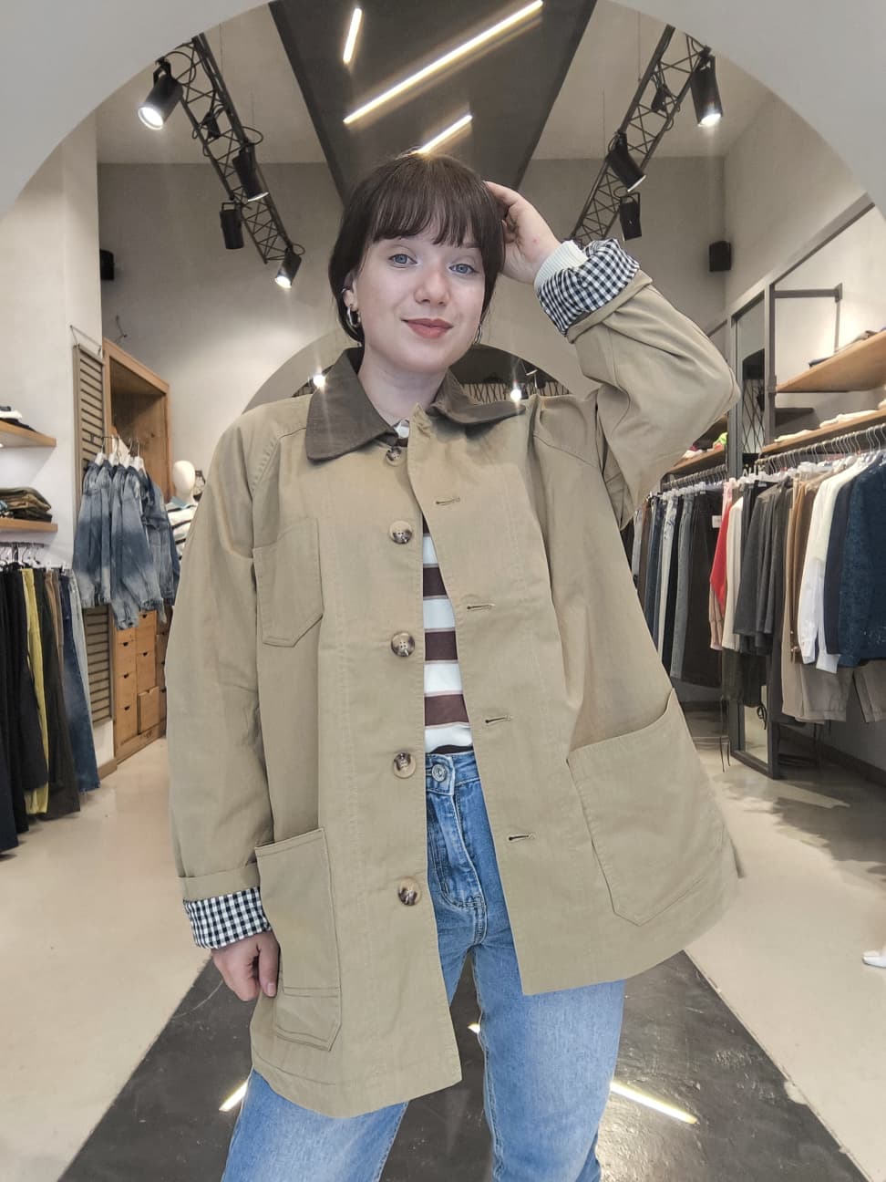 Giacca-Trench con Colletto a Contrasto Beige