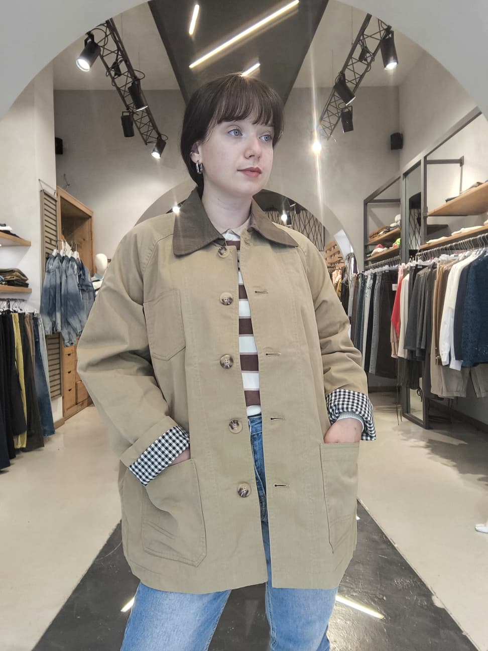 Giacca-Trench con Colletto a Contrasto Beige