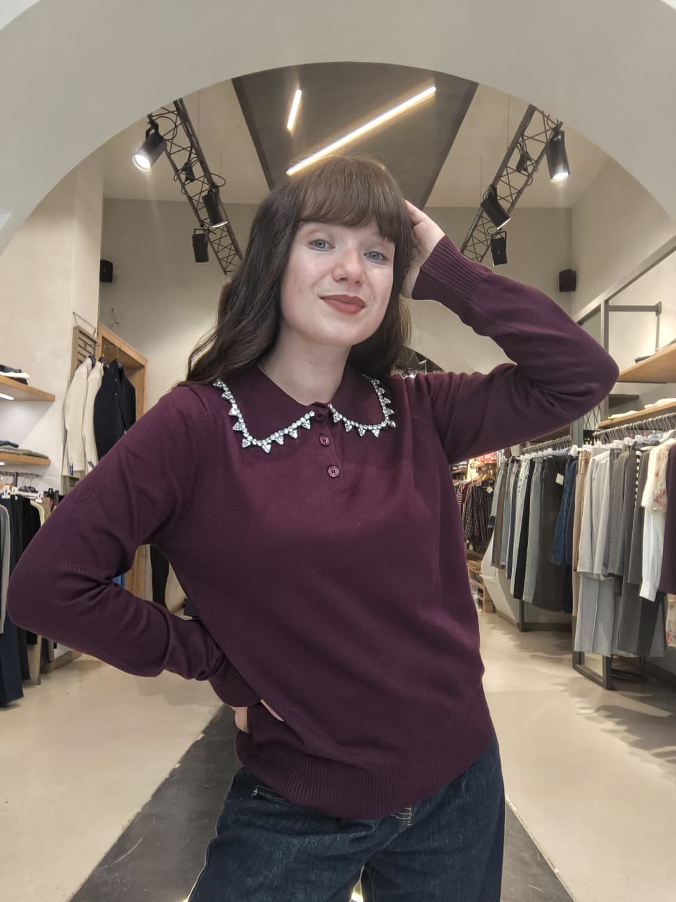 Polo in Maglia Colletto Decorato Bordeaux