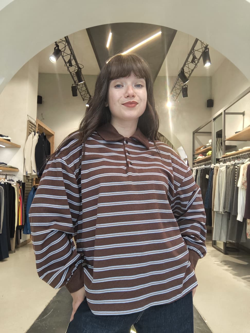 Polo Oversize in Piqué a Righe  Marrone e Celeste