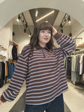 Polo Oversize in Piqué a Righe  Marrone e Celeste