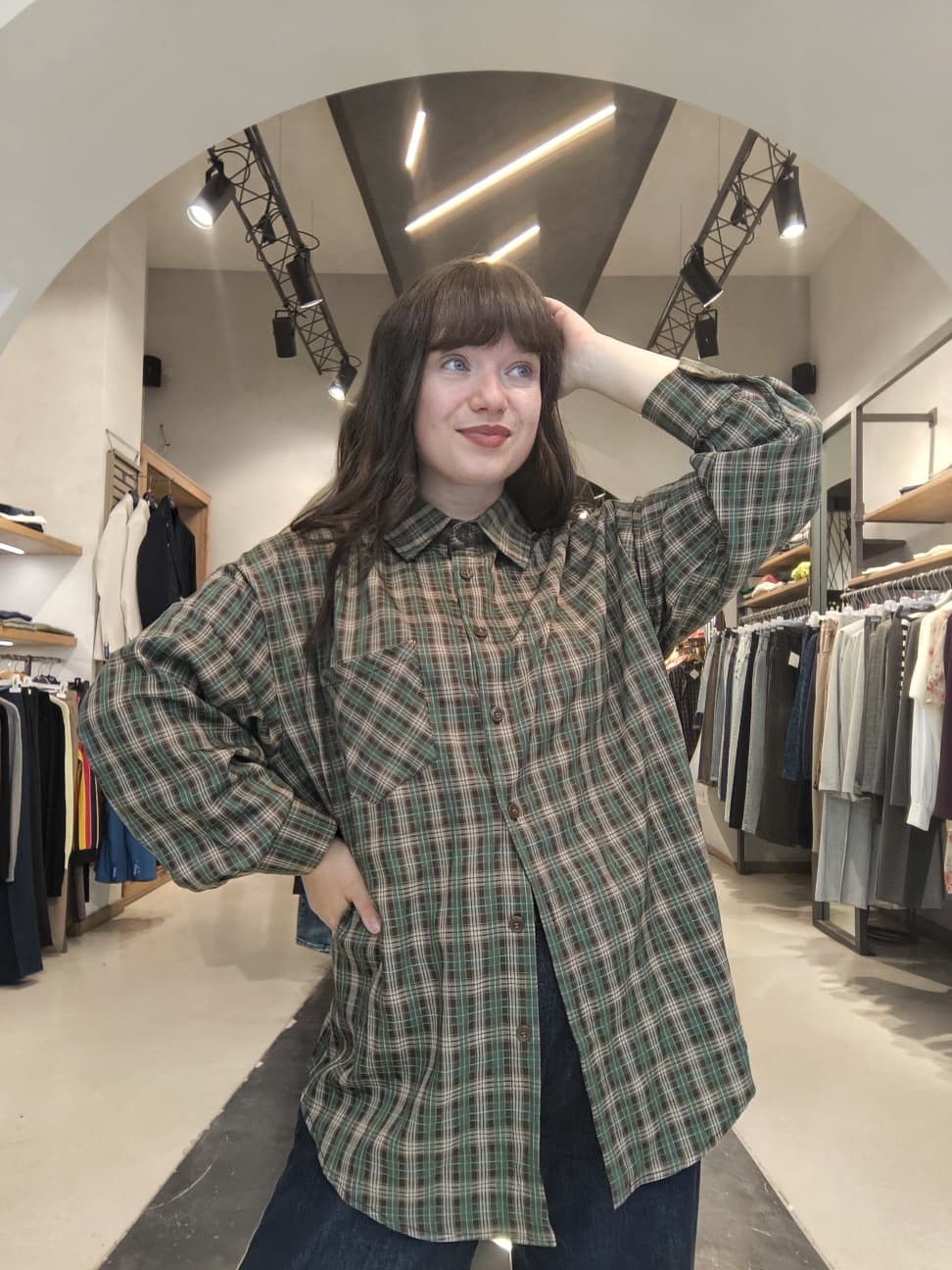 Camicia Oversize a Quadri Tartan Verde e Marrone