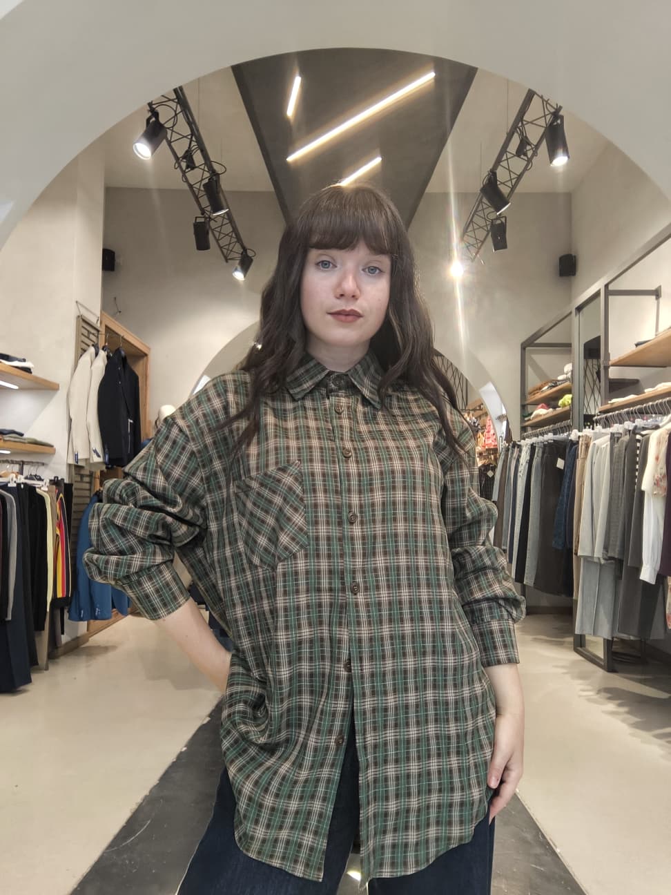 Camicia Oversize a Quadri Tartan Verde e Marrone
