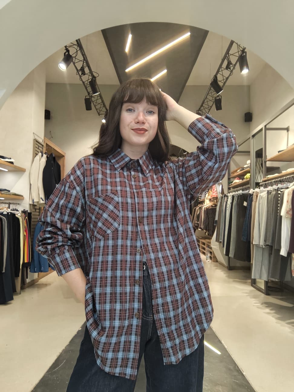 Camicia Oversize a Quadri Tartan  Ruggine e Azzurro