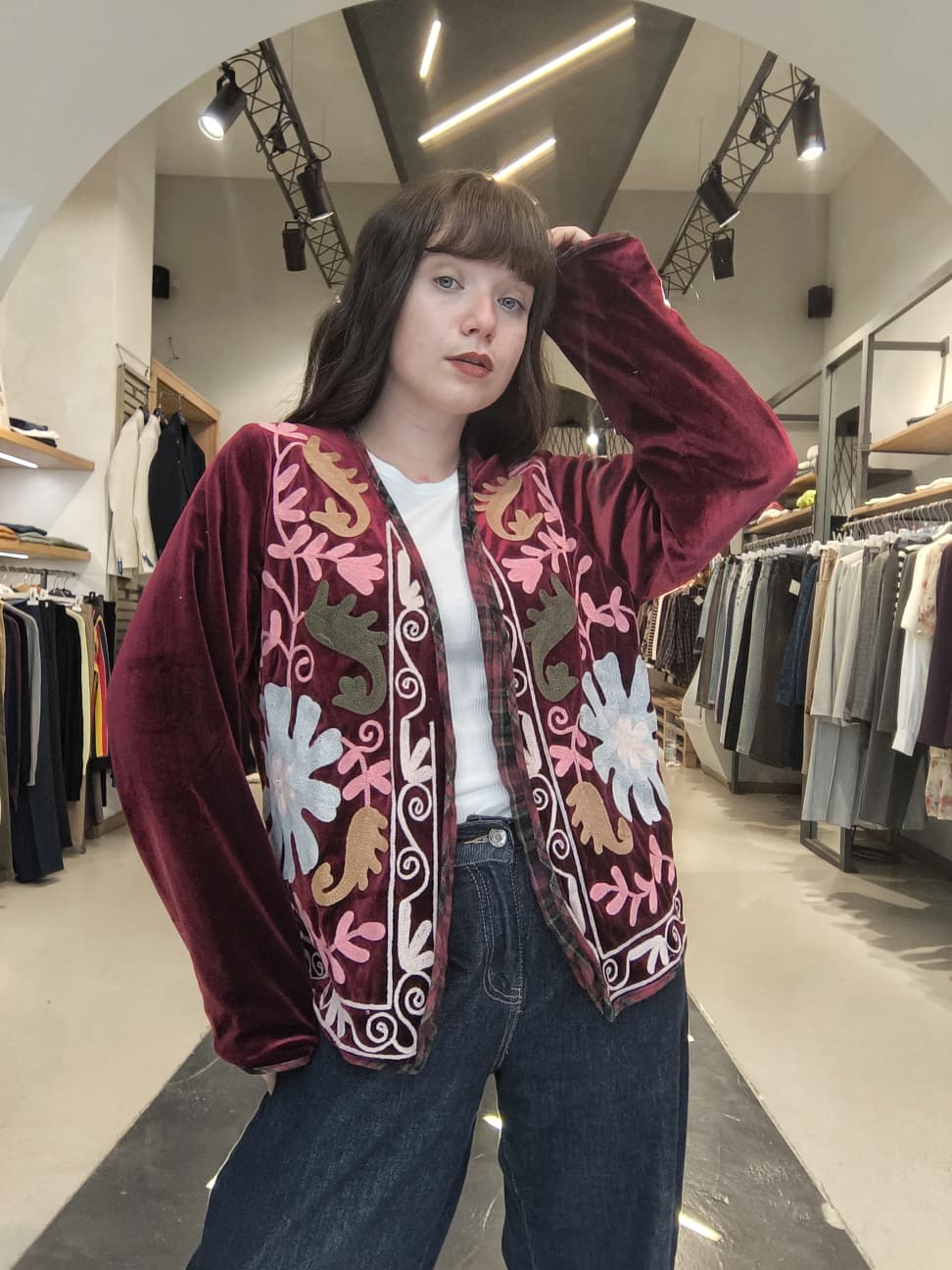 Giacca in Ciniglia  con Ricami Floral Boho  Bordeaux