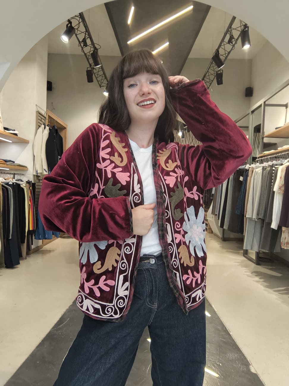 Giacca in Ciniglia  con Ricami Floral Boho  Bordeaux