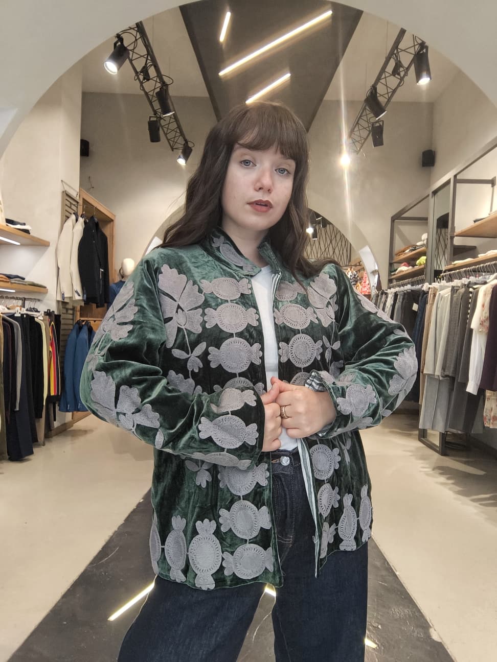 Giacca in Ciniglia  con Ricami Boho Verde Smeraldo