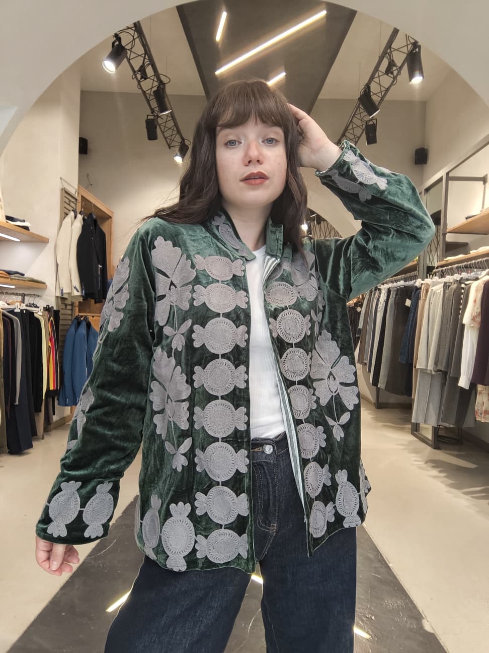 Giacca in Ciniglia  con Ricami Boho Verde Smeraldo