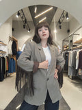 Blazer Oversize Micro Check con Frange Beige e Marrone
