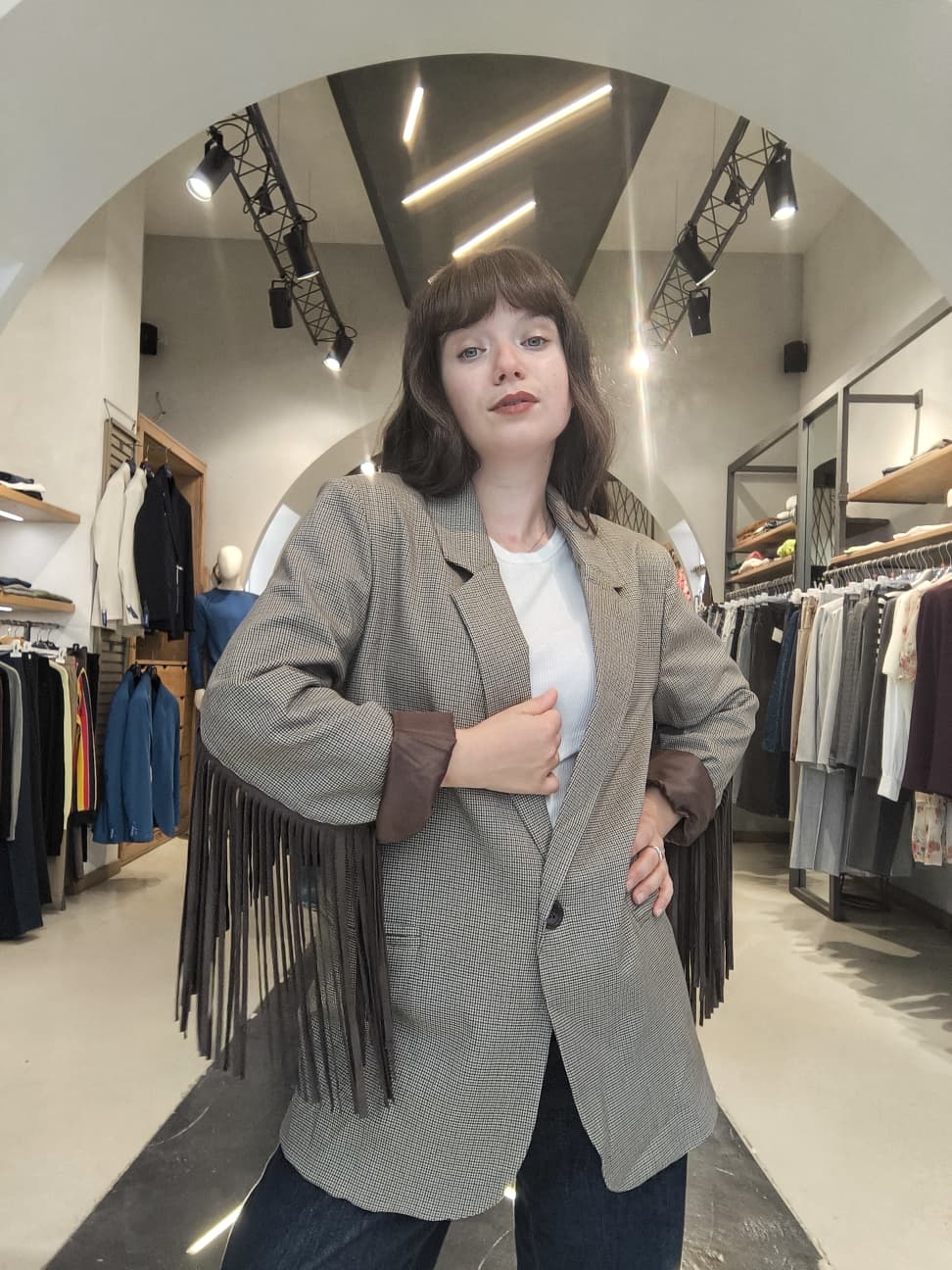Blazer Oversize Micro Check con Frange Beige e Marrone