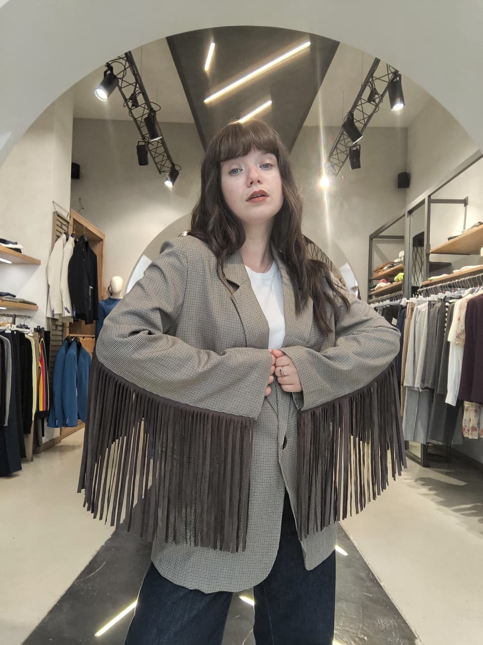 Blazer Oversize Micro Check con Frange Beige e Marrone