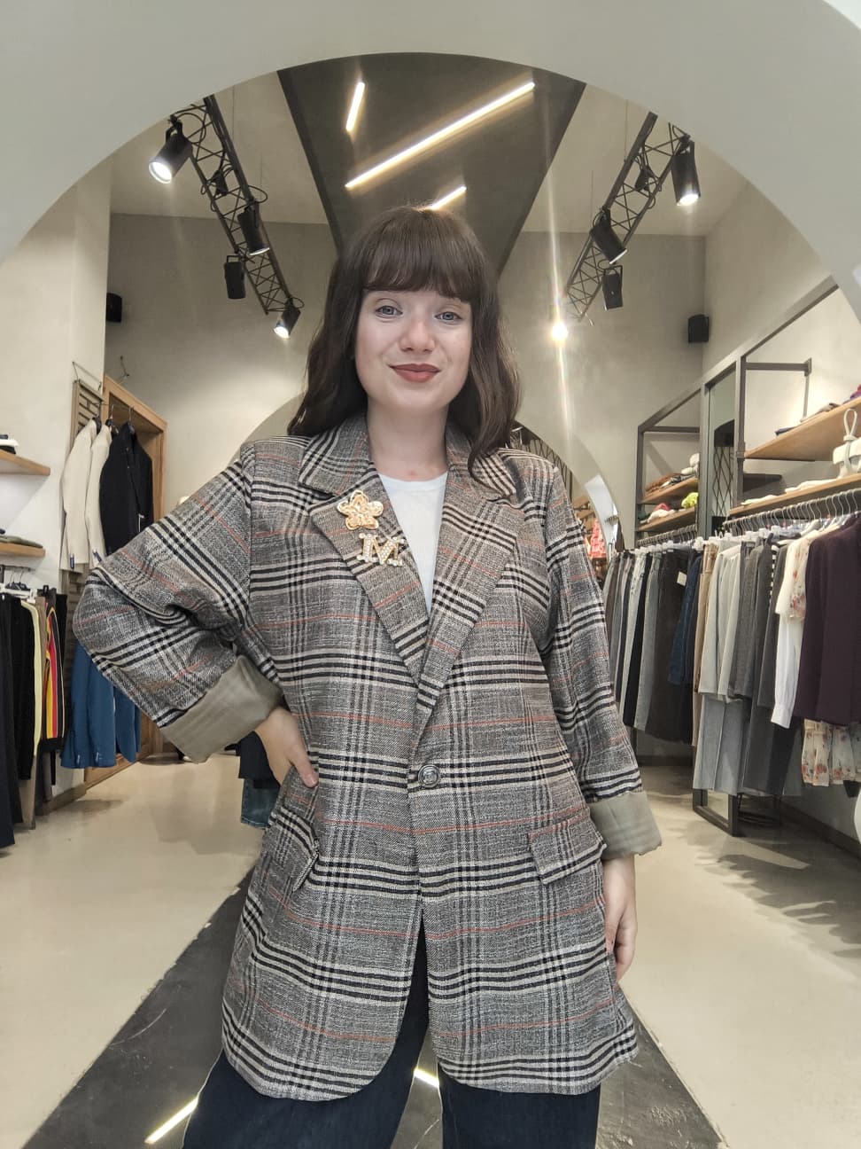 Blazer Oversize a Quadri Tartan  Grigio e Arancio
