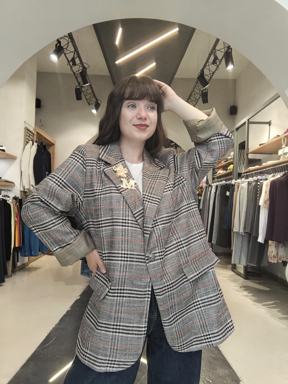 Blazer Oversize a Quadri Tartan  Grigio e Arancio